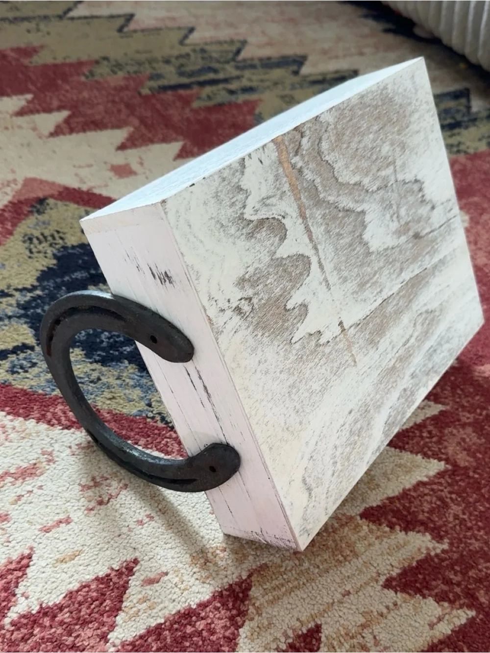 Rustic Farmhouse Whitewashed Wooden Tray with Horseshoe Handles